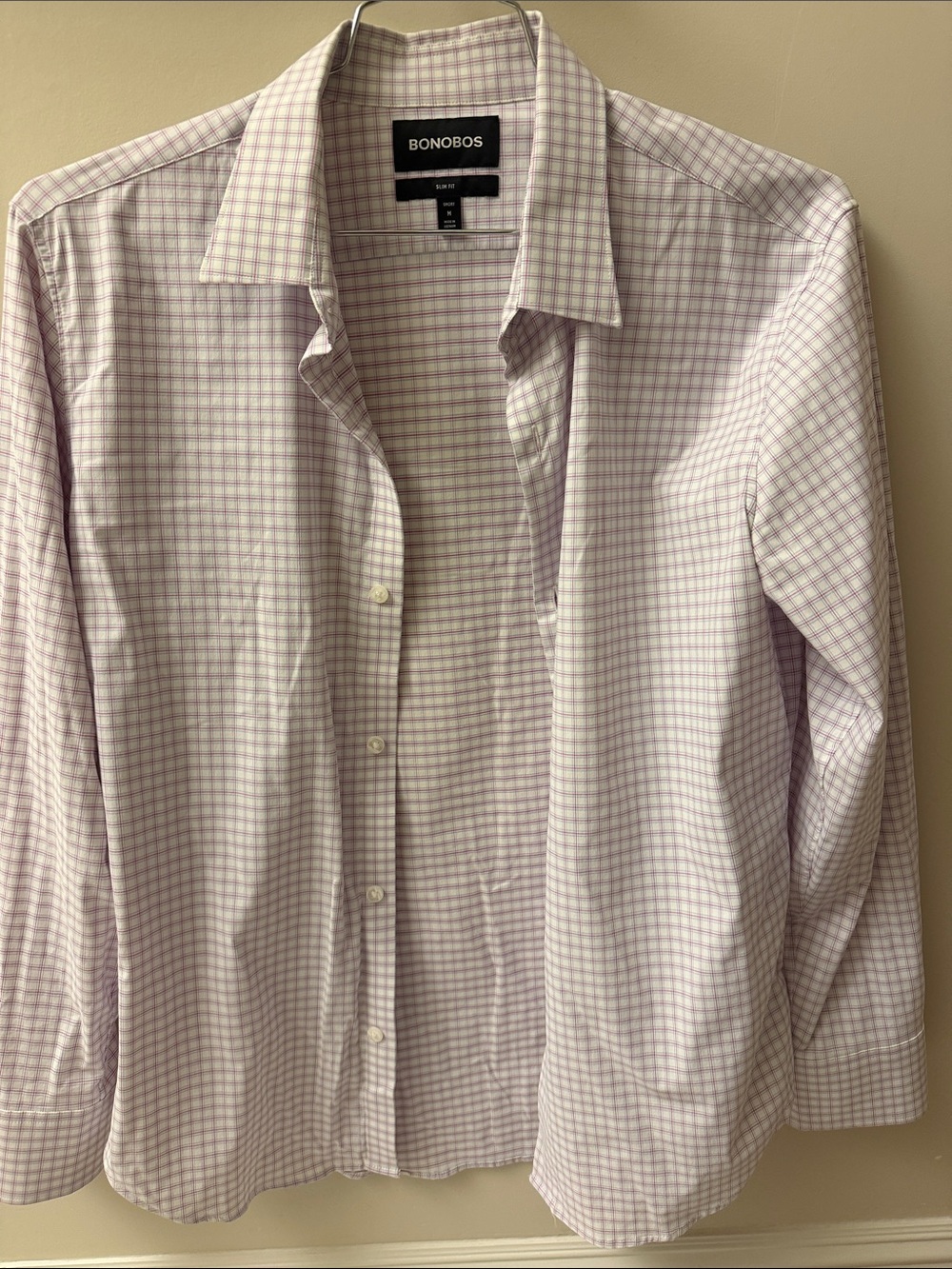 Bonobos Men's Light Lavender and White Checked Dress Shirt. Men’s Medium Short.
